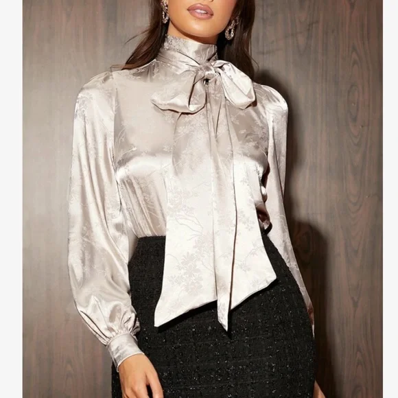 Classy Elegant Floral Jacquard Long Sleeve Tie Neck Satin Blouse Top Shirt - Picture 1 of 6